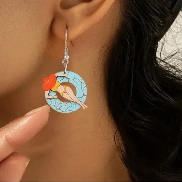Acrylic Bikini Babe on Pool Floatie Dangle Earrings Ring Float Beach Swim Suntan - Picture 4 of 6
